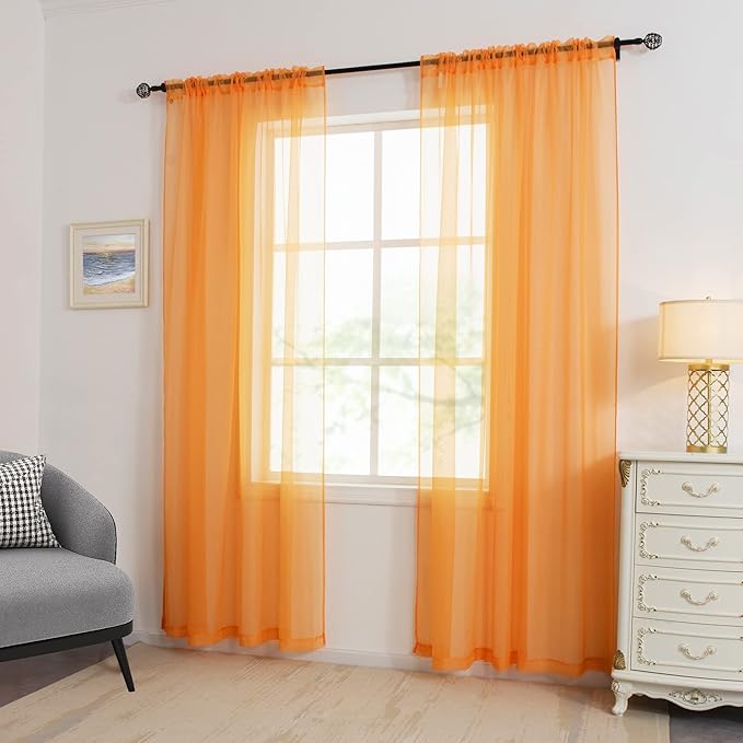 HUTO Orange Sheer Curtains 84 inches Long for Bedroom Top Rod Pocket Sheer Window Panels Curtains for Nursery Living Room 52 by 84 Inch Length Set of 2