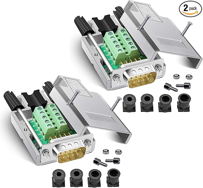 2PCS DB9 Breakout Connector, Solderfree Metal Shell RS232 D-SUB Serial to 9-Pin Port Terminal Male Adapter Connector Breakout Board with Case