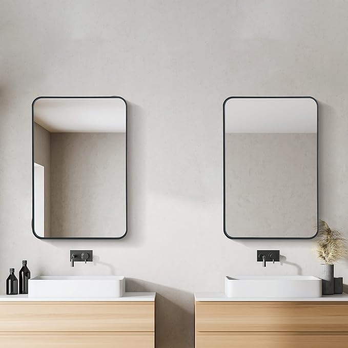 SUPER DEAL 24x36 Inch Black Wall Mirror for Bathroom, Wall Mounted Rectangular Entryways Decor Vanity Mirrors with Stainless Steel Metal Frame and Rounded Edge (2)