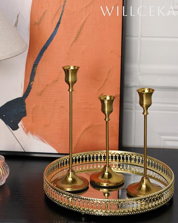 Gold Candlestick Holders, Taper Candle Holders, Set of 6 Brass Candle Holder Set, Vintage Table Centerpiece for Wedding Christmas Holiday
