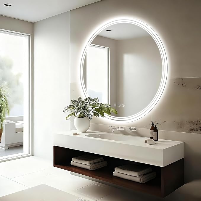 36''x36'' Lighted Mirrors for Bathroom Wall Backlit + Front Lit, Round LED Bathroom Mirror Frameless with Lights Anti Fog, Dimmable, 3 Colors,Tempered Glass, Shatter-Proof