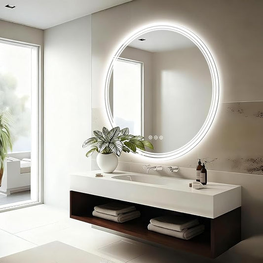 36''x36'' Lighted Mirrors for Bathroom Wall Backlit + Front Lit, Round LED Bathroom Mirror Frameless with Lights Anti Fog, Dimmable, 3 Colors,Tempered Glass, Shatter-Proof