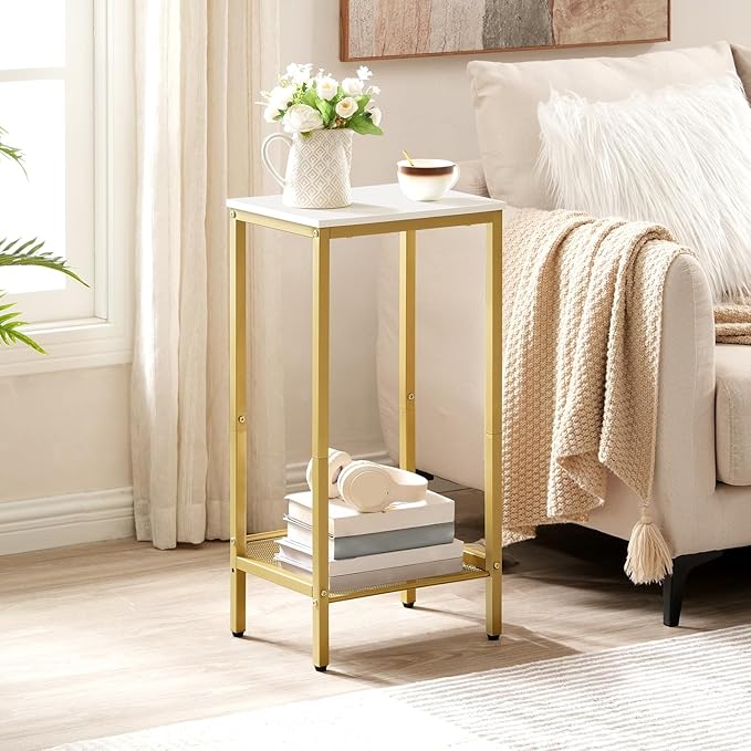 HOOBRO Tall Side Table, Industrial End Telephone Table with Adjustable Mesh Shelves, for Living Room, Bedroom, Entryway, Office, White and Gold DW03DH01