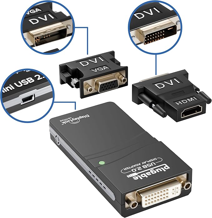 Plugable USB 2.0 to HDMI, DVI, or VGA I Multi-Monitor External Video Graphics Card Adapter up to 1920x1080 Supports Windows 11, 10, 8.1, 7, XP, Mac, and ChromeOS