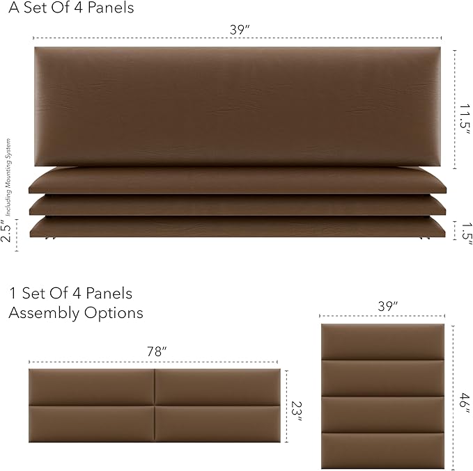 Vänt Upholstered Wall Panels - King/Cal King Size Wall Mounted Headboards - Vintage Leather Cognac - Twin/King - Set of 4 Panels (Each Individual Panel 39"x11.5")