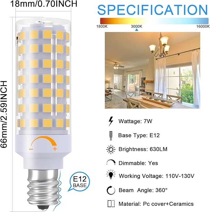 E12 LED Bulb Dimmable 7W Equivalent to 60W Halogen Bulb, Warm White 3000K T6 C7 E12 Candelabra Bulb 60 Watt for Ceiling Fan, Chandelier Lighting, AC120V Kx-2000 Bulbrite Replacement (6 Pack)