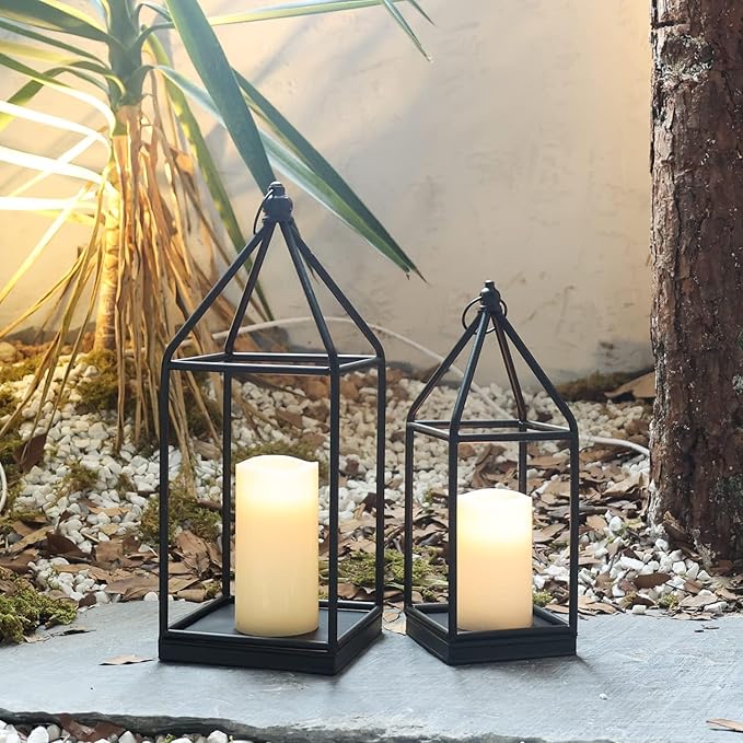 DECORKEY Luxury Lantern Decorative Outdoor&Indoor, Set of 2 (18’’&14’’) Black Metal Lanterns Decor, Vintage Hanging Candle Holder for Home Porch Wedding Centerpiece,Halloween Christmas Decorations