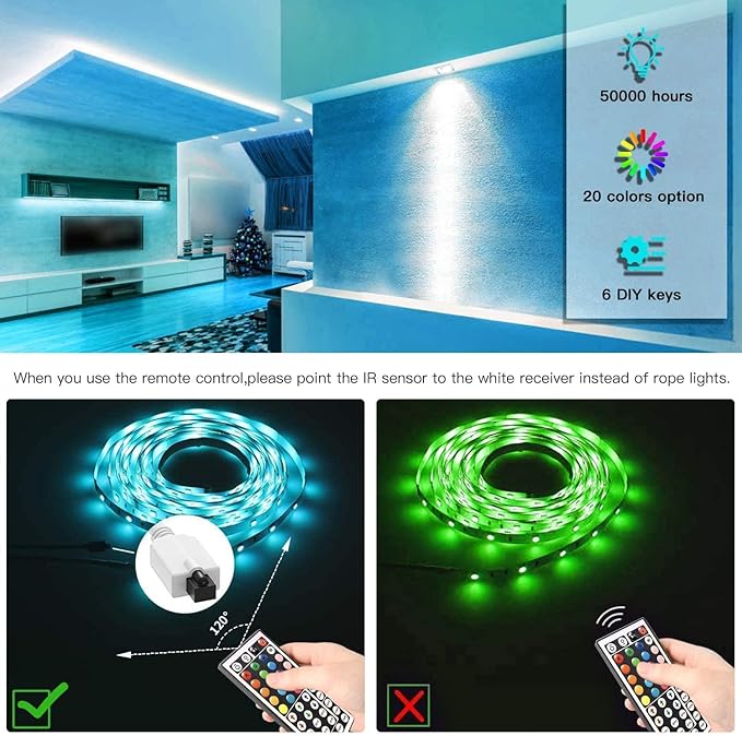 TJOY 100 ft LED Strip Lights with 44 Key Remote, Multi-Color RGB LED Lights, 24 Volt Color Changing LED Light Strip for Bedroom,Room,TV,DIY Decor(44 Key Remote Control +50 ft x2+Indoor only)
