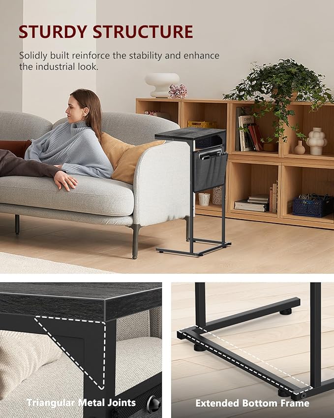 Vantic C Shaped End Table, Small Side Table for Couch and Recliner, Slide Under Sofa Tray Desk with Storage Bag for Living Room and Bedroom, Deep Grey