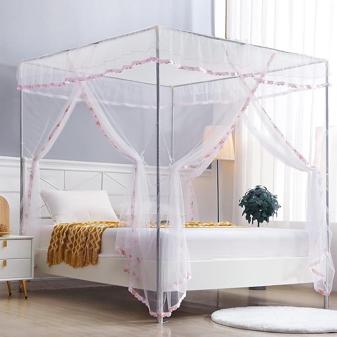 Canopy Bed Curtains Queen- 4 Corner Post Canopy for Bed, Bed Canopy for Adults, Bedroom Decor (Queen Size, White)
