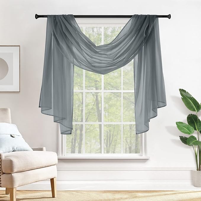 MIULEE Sheer Window Scarf Valance Voile Topper Long Window Treatment, Wedding Arch Drapes for Ceremony Canopy Bed, Swag Curtain Scarf Decoration One Panel, 54 x 144 Inches Long, Dark Grey