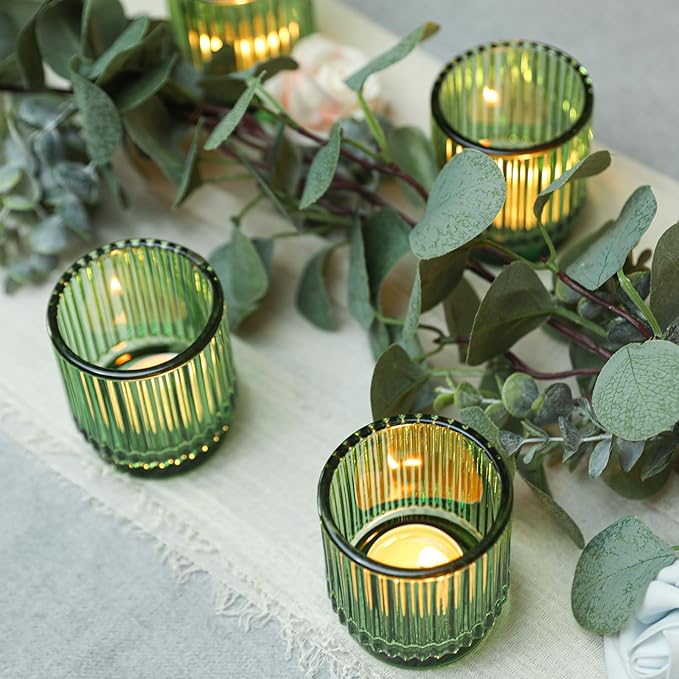 Vintage Ribbed Green Glass Tealight & Votive Candle Holders (Set of 6), Wedding Bridal Shower Party Table Decor, Fall Decor, Boho Decor, Shelf Decoration