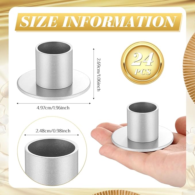 24 Pcs Silver Taper Candle Holders Bulk for Pillar Candles Metal Short Candlestick Holder Silver Centerpieces Decoration for Christmas Thanksgiving Anniversary Dinner Party
