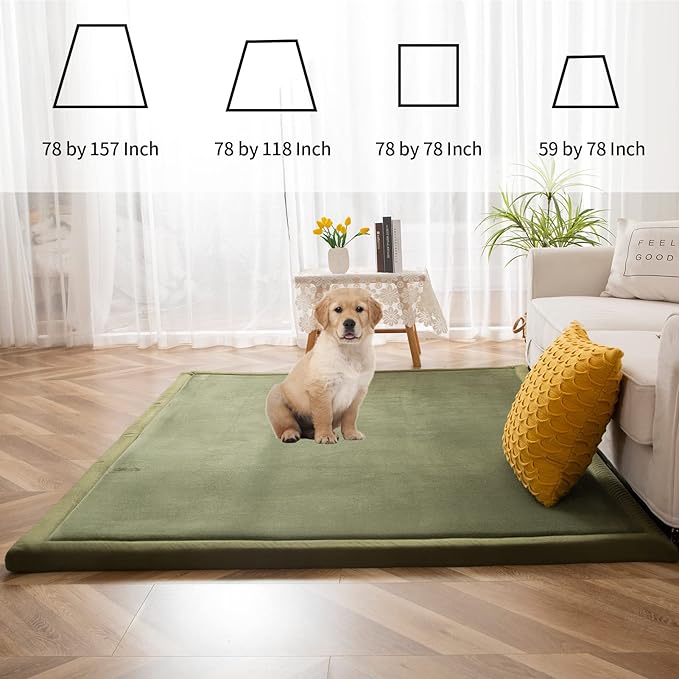 MAXYOYO Coral Velvet Area Rug, Thick Japanese Tatami Mat Living Room Carpet with Non-Slip Backing, Large Solid Color Mat for Bedroom Dormitory Yoga, Olive Green, 78 by 158 inch