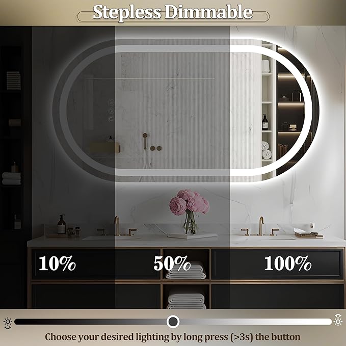 Oval LED Bathroom Mirror 48x30 Inch,Frameless LED Oval Bathroom Mirror with Lights,Anti-Fog Mirror for Bathroom Wall with Light,Dimmable 3 Color Vanity Mirror with Light(Horizontal/Vertical)