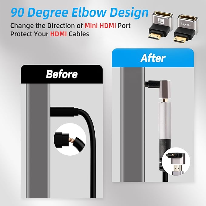 90 Degree Mini HDMI to HDMI Adapter 4 Pack, (Up and Down) Right Angle Mini HDMI (Male) to HDMI (Female) L-Shaped Converter Connector Support 8K@60Hz,4K@120Hz for Raspberry Pi Zero, Camera, Monitor
