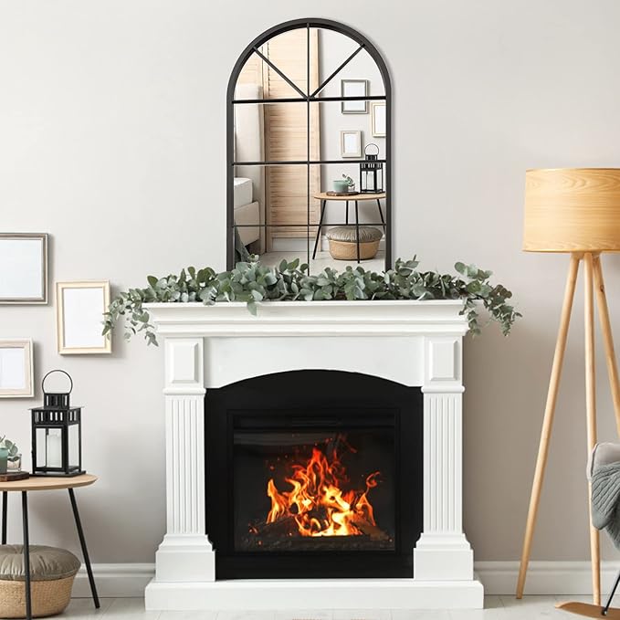 ironsmithn Arched Mirror, Windowpane Mirror, 31.5"x19.7" Window Finished Metal Mirrors, Black Grid Mirrors for Decor Living Room Fireplace Entryway Bedroom Hallway