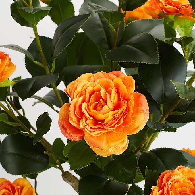 3FT Artificial Camellia Tree, 2 Pack Fake Camellia Tree Artificial Tree, Faux Floral Plants in Cement Pot, Greenery Potted Plant for Indoor Outdoor Home Office Porch Decor (Orange)
