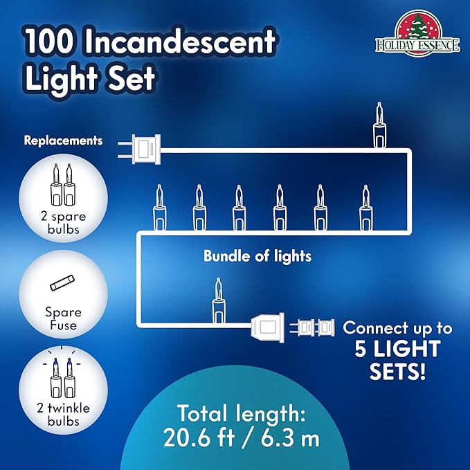 100 Blue Christmas Lights, White Wire 20.6 Ft Incandescent Home Décor, Valentine Wedding Lighting Decoration, UL Certified Traditional Holiday String Light Set for Indoor Outdoor Use Christmas Tree