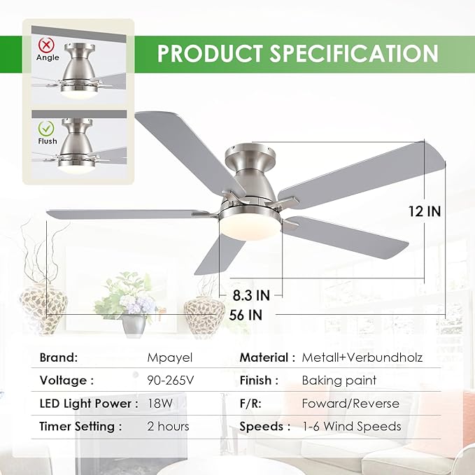 Ceiling Fans with Lights, 56" Flush Mount Ceiling Fan with Light and Remote/APP Control, Low Profile, Modern Ceiling Fan Reversible, Dimmable, Noiseless, Brushed Nickel for Bedroom