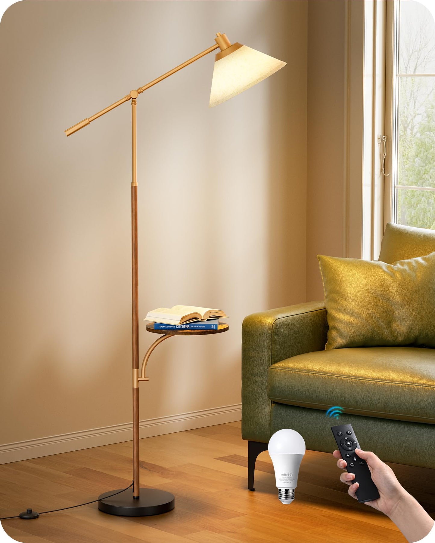 EDISHINE 68in Arc Floor Lamp, Vintage Standing Lamp with Beige Shade, Remote Dimmable Bulb, Walnut Wood Grain, Model HFLEF1