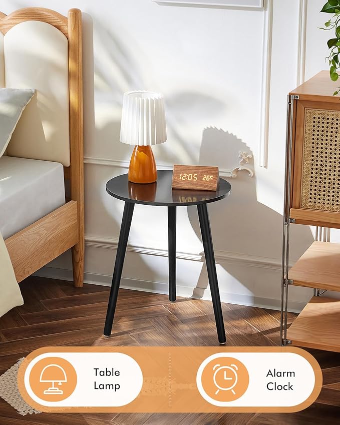 Apicizon Round Side Table Set of 2, Black Nightstand Coffee End Table for Living Room, Bedroom, Small Spaces, Morden Side Table Home Decor Bedside with Wood Legs, 16.5 x 20.5 Inches