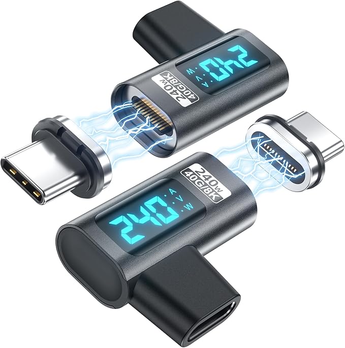 Digital Display USB C Magnetic Adapter Right Angle PD240W 24Pin(2 Pack)Voltage Current Power LED Display, Type C Power Meter Tester 90 Degree USBC 4 40Gbps 8K 60Hz for Thunderbolt 3/4, MacBook Pro/Air
