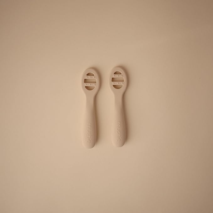 mushie Silicone First Feeding Baby Spoons | 2 Pack (Blush/Shifting Sand)