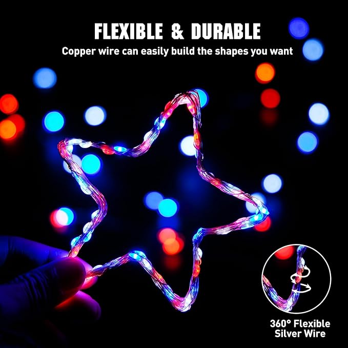 JMEXSUSS 4 Pack 50LED Red White Blue Fairy Lights Battery Operated for 4th of July, Patriotic Lights for Independence Day Decorations