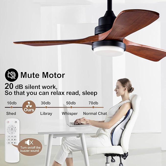 BOJUE 42 Inch Black Ceiling Fans with Lights and Remote,Dimmable LED Light,Quite Reversible DC Motor,Memory Function,Modern Solid Wood Indoor Outdoor Ceiling Fan with Light for Office Patios