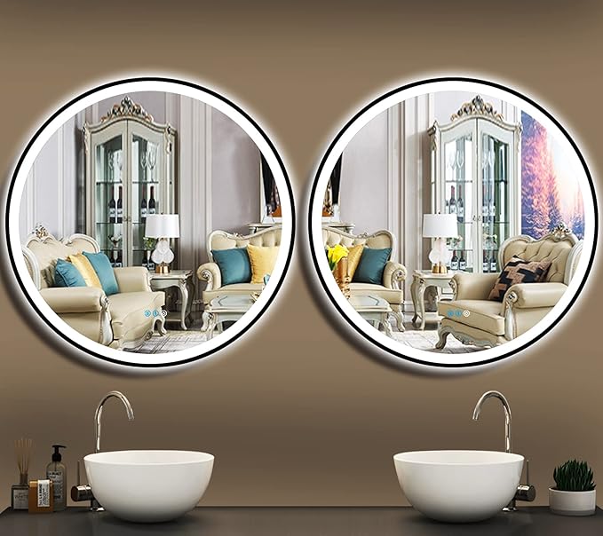 40" LED Mirror, Wall Mount, Round, Black Frame, 3 Color Lights, Anti-Fog, Adjustable Brightness, Modern Home Decor