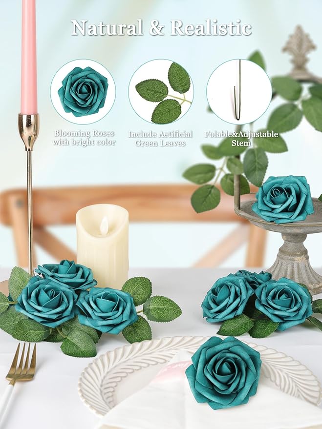 MACTING Artificial Rose Flowers 30PCS Real Touch Fake Flowers with Stem Peacock Green Foam Roses for DIY Wedding Bouquets Table Centerpieces Floral Arrangements Party Home Spring Mothers Day Decor