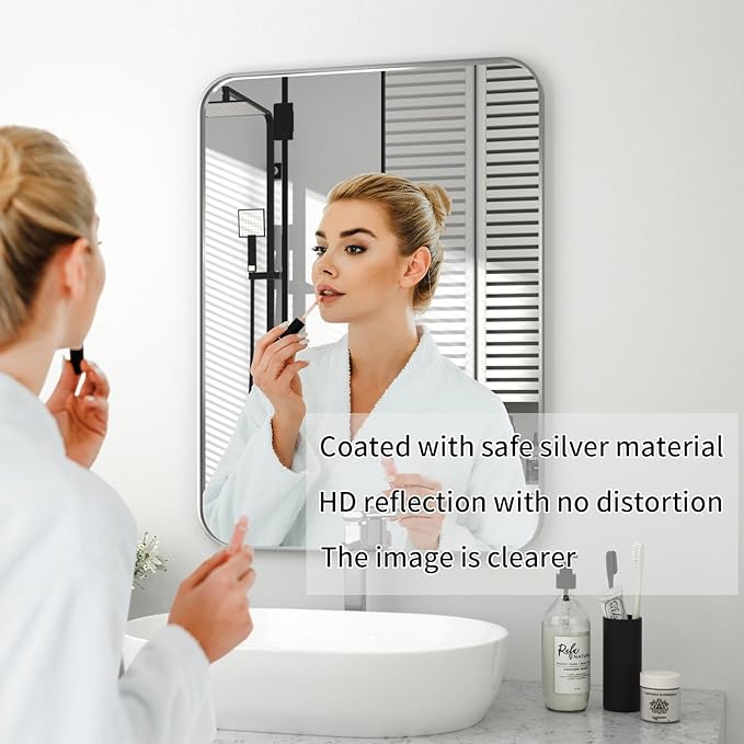 PAIHOME 16x24-Inch Brushed Nickel Bathroom-Vanity-Mirror for Wall - 304 Stainless Steel Silver Frame Bathroom Mirrors, Rectangle Farmhouse Mirror, Vertical Or Horizontal Hanging Modern Mirror