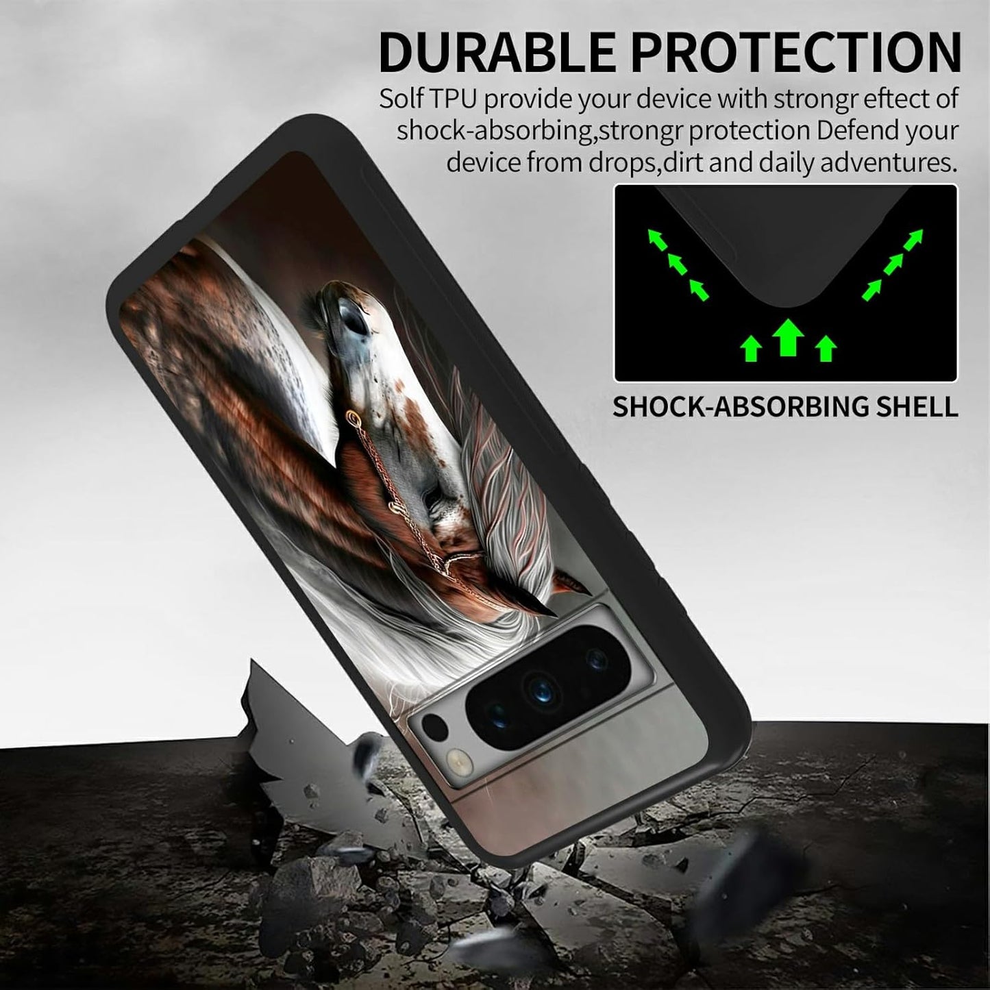 Horse Phone Case for Google Pixel 8 Pro, Slim Black Soft TPU Shockproof Protective Case