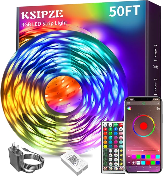 KSIPZE Led Lights for Bedroom 50ft Led Strip Lights with Remote RGB Color Changing Music Sync Bluetooth Smart App Control for Room Bedroom Lighting Flexible Home Décor