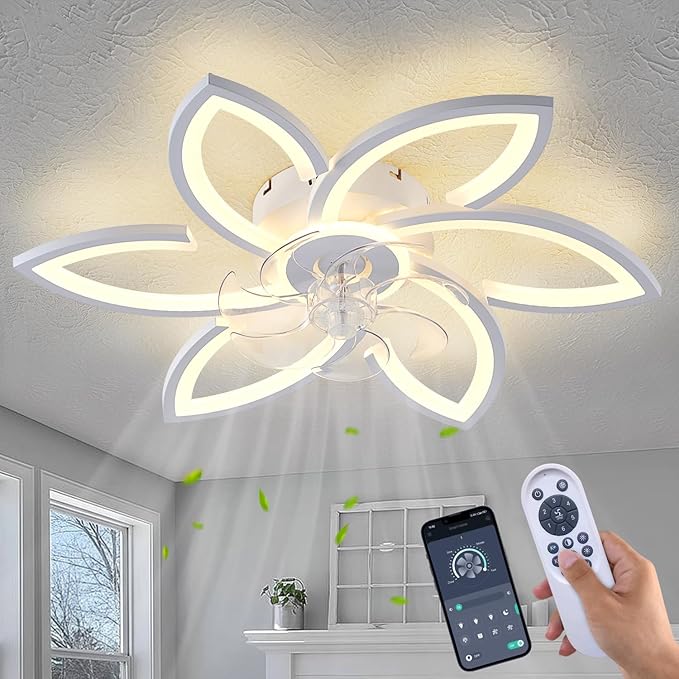 Ceiling Fan with Lights Remote Control, White Flower Ceiling Fan with Light, 3 Light Color Modern Low Profile Flush Mount Ceiling Fan for Kitchen Bedroom Living Room