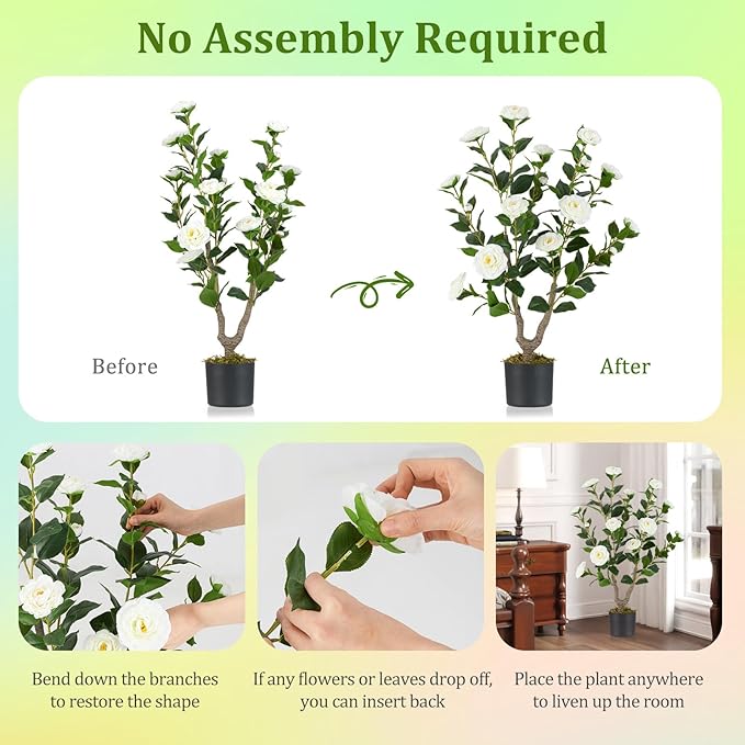 GOFLAME 3FT Artificial Camellia Tree, Faux Camellia Plant with White Flowers, Solid Wood Trunk, Realistic Moss, Greenery Potted Decoration Tree for Indoor Outdoor Home Porch Front Door