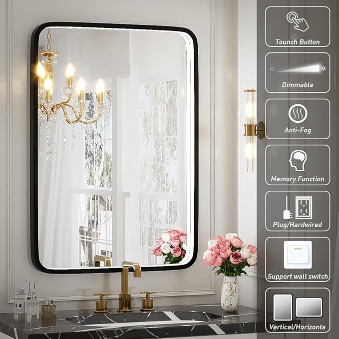 20X28 Inch LED Bathroom Mirror with Lights,Wall Mounted Lighted Mirrors with Non-Rusting Black Metal Frame Anti-Fog Memory Funtion Stepless Dimmable,6000K(Horizontal&Vertical)