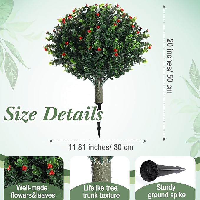 XunYee 4 Pcs 20" Artificial Topiary Ball Trees, Outdoor Artificial Shrubs Faux Bushes UV Resistance Greenery Fake Plants Tree with Ground Spike for Garden Porch Patio Indoor Decoration (Red Berries)
