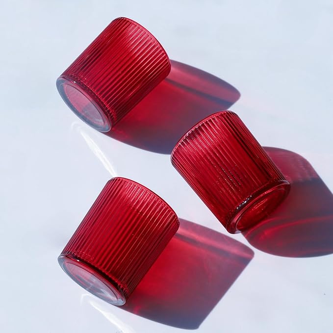 VOHO Red Candle Holders Set of 12, Ribbed Glass Votive Candle Holders Bulk for Holiday/Party Decorations, Tea Lights Candle Holder Wedding Centerpieces for Tables