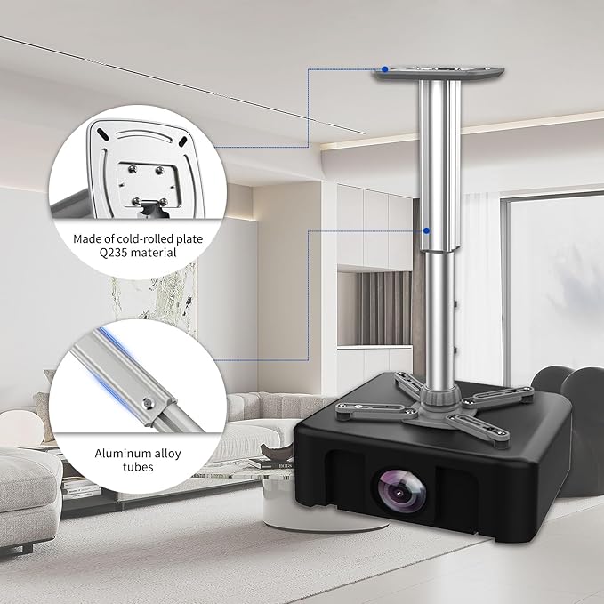 Jomard Projector Ceiling Mount, Heavy Duty Aluminum, Adjustable Height 10.05"-16.94", 360° Swivel 15° Tilt, Holds 15 Lbs, Gray