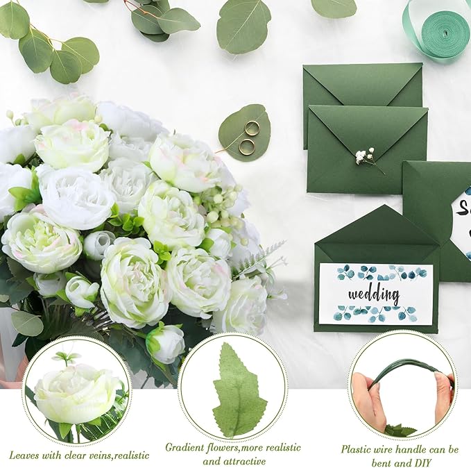 Geosar 8 Bundles Artificial Peonies Flowers Fake Silk Peony Bouquet Faux Peonies Flowers Bulk for Decoration Vase Floral Arrangements Wedding Party Table (White,Green)