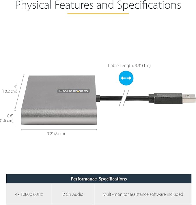 StarTech USB 3.0 to Quad HDMI Adapter, USB Type-A to 4 HDMI Monitor Converter, External Video Graphics Card, 4x 1080p 60Hz, Windows Only, TAA, Laptops and Desktops, Bus Powered, 1m Cable
