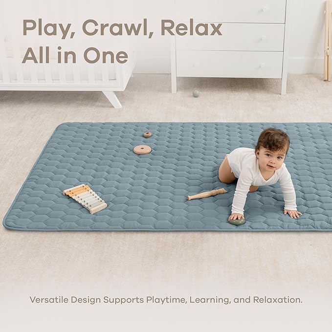Comfy Cubs Rectangle Kids Play Mat - Medium 48 x 72 inches Soft Quilted Baby Floor Mat with Non-Slip Bottom - Plush Design for Toddlers Playtime and Relaxation - Comfortable and Durable - Pacific Blue