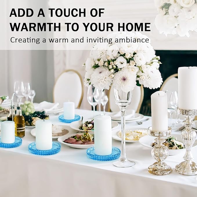 Glass Candle Holders, GOH DODD Set of 8 Crystal Pillar Plates Modern Coasters for Drinks, Centerpiece, Home Decor, Kitchen, Living Room, Patio, Wedding, Halloween, Christmas, Party, Clear Blue