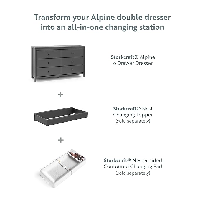 Storkcraft Alpine 6-Drawer Dresser (Gray) – GREENGUARD Gold Certified, Gray Dresser for Bedroom, Kids & Nursery Storage Drawers, Safety Interlocking Drawers, Pre-Installed Tracks, Kids Bedroom