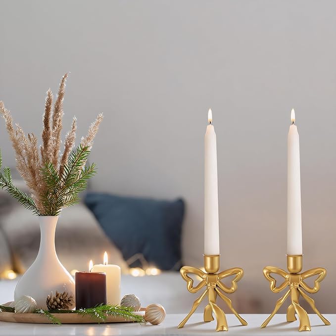 Mumufy 2 Pcs Gold Bow Taper Candle Holder Vintage Metal Candle Stick Holders Antique Brass Decorative Candlestick for Wedding Christmas Home Table Decor, 4.5" W x 4.3" H