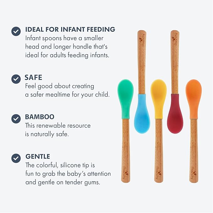 Avanchy Bamboo & Silicone Infant Training Spoons, BPA Free - Soft Tip, Easy on Gums, First Stage Feeding Utensils for Baby-Led Weaning, Self-Feeding, Orange