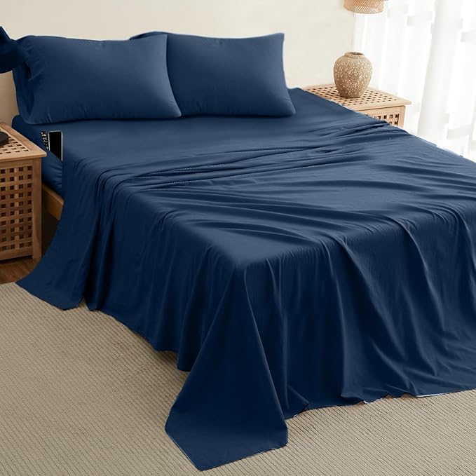 DREAMCARE California King Sheet Sets – 4 pcs Cooling Sheets – up to 21” Deep Cal King Sheets – Hotel Luxury Pillowcases – Superior Softness 100% Fine Microfiber with Side Pocket – Navy Blue