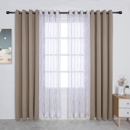 BONZER Mix and Match Curtains - 2 Pieces Branch Print Sheer Curtains and 2 Pieces Blackout Curtains for Bedroom Living Room Grommet Window Drapes, 54x63 Inch/Panel, Taupe, Set of 4 Panels
